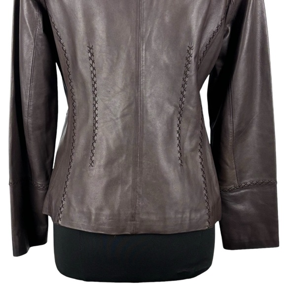 JONES NEW YORK 90S ZIP FRONT STITCHED TRIM TAILORED CLASSIC BROWN LEATHER JACKET - Picture 11 of 14